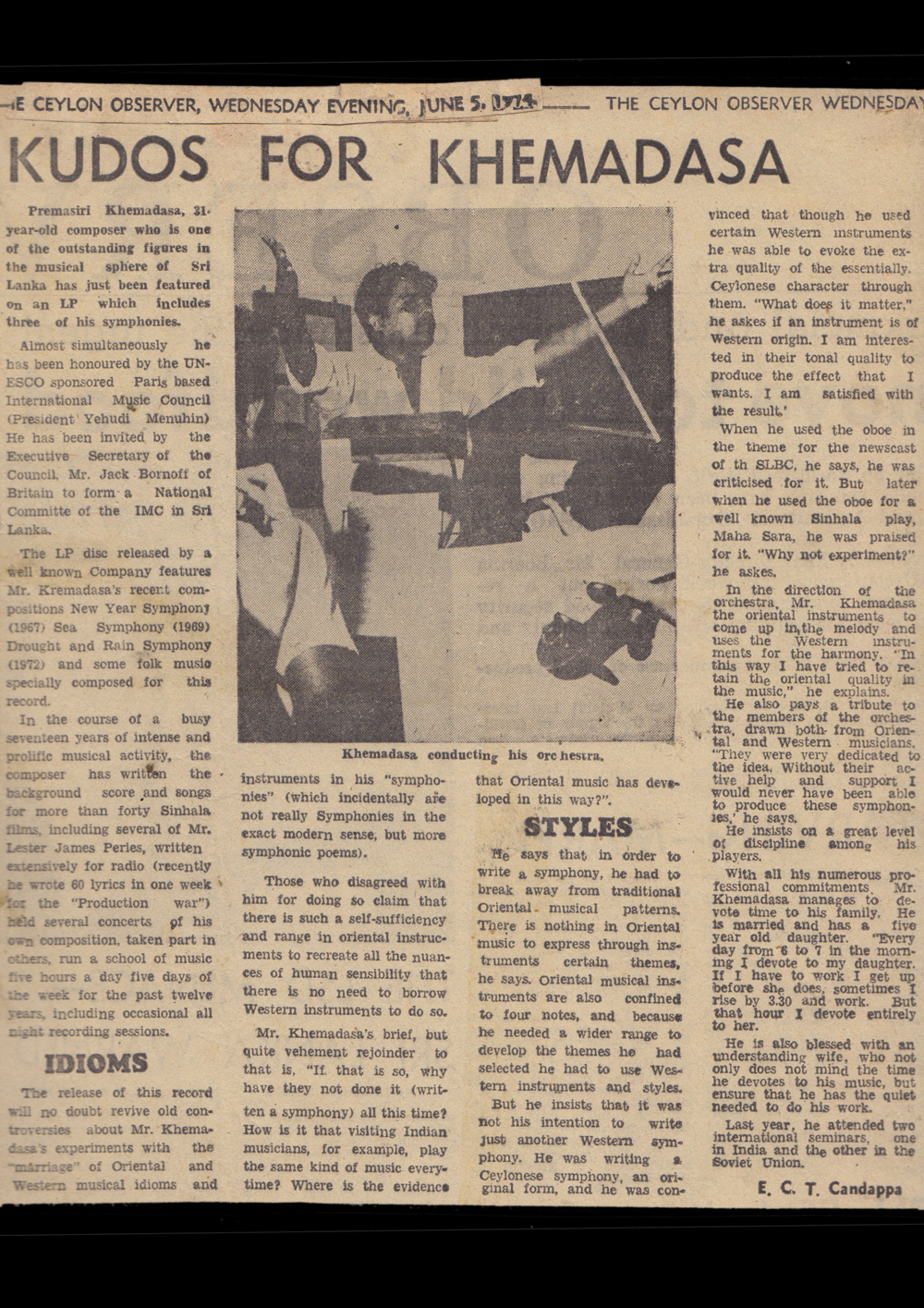 Kudos for Khemadasa - Ceylon Observer 1974